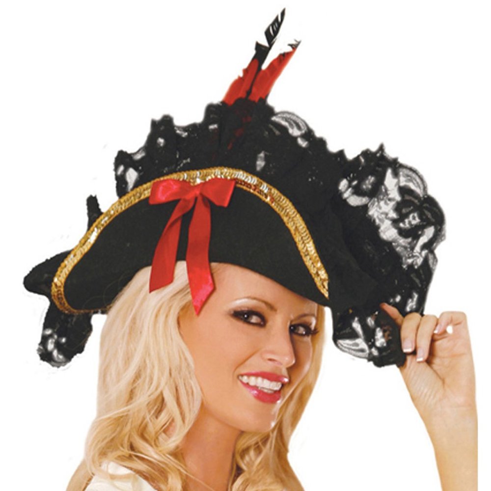 Pirate Hat with Sequin and Lace Trim Feather and Red Bow Details - Picture 8 of 9